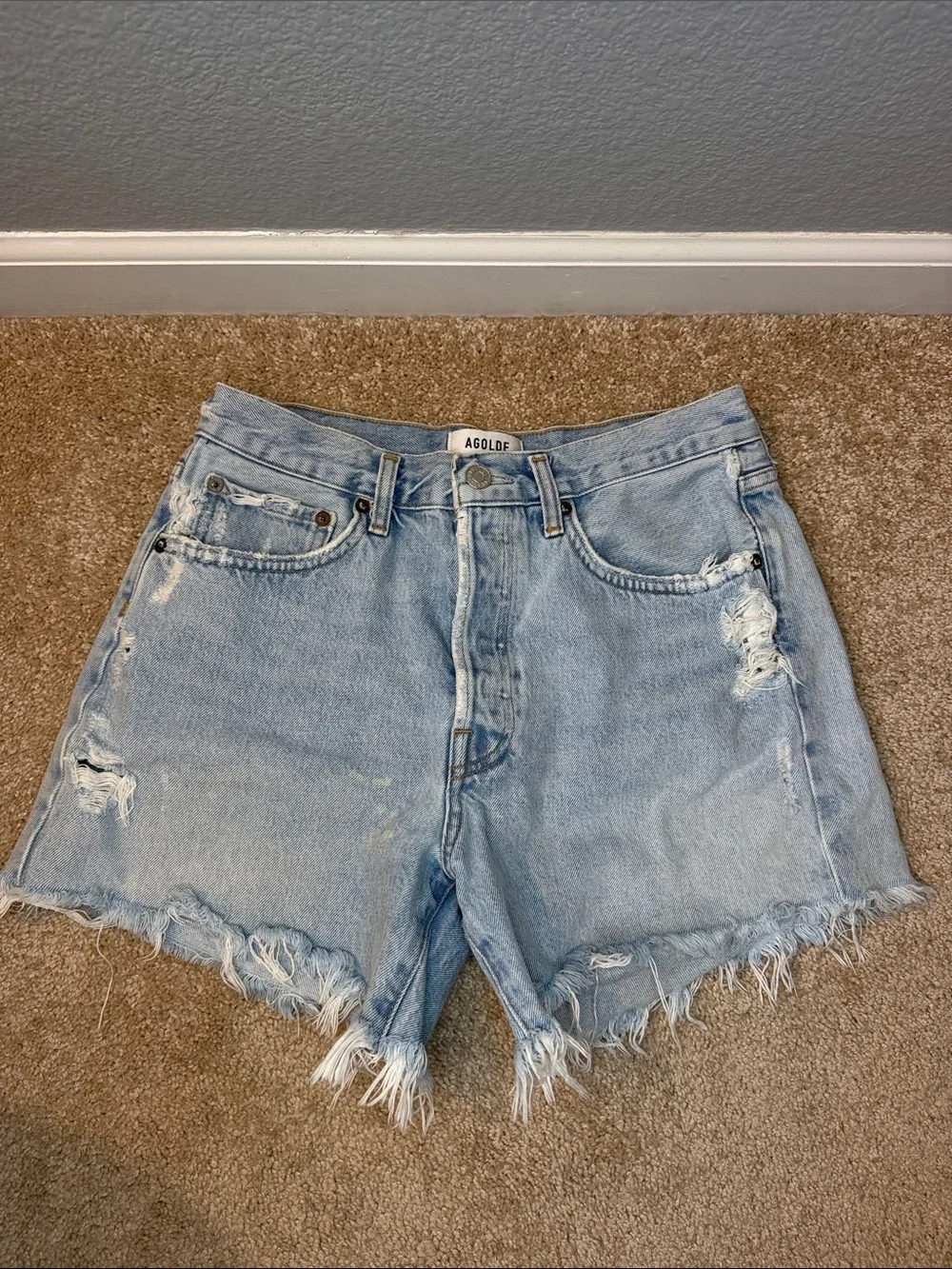 Agolde Parker Long Light Wash Distressed High-Rise Denim Shorts Size 27